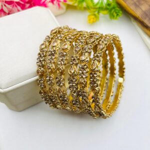BJ Designer Gold-Plated Stone Bangles Set for Women – Intricate Carved Detailing (Set of 6)