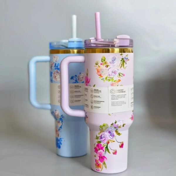 Stanley Style Flower Print Stainless Steel Tumbler – 1200ml with Straw & Handle – Premium Insulated Travel Mug with Printed Box - Image 2