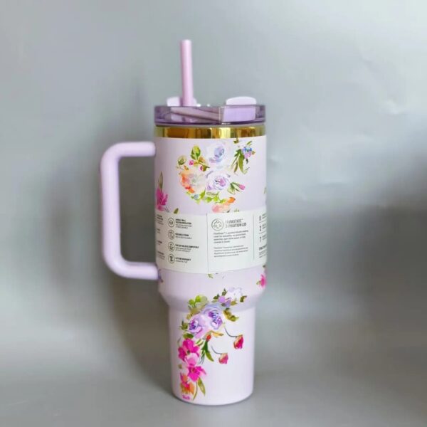 Stanley Style Flower Print Stainless Steel Tumbler – 1200ml with Straw & Handle – Premium Insulated Travel Mug with Printed Box