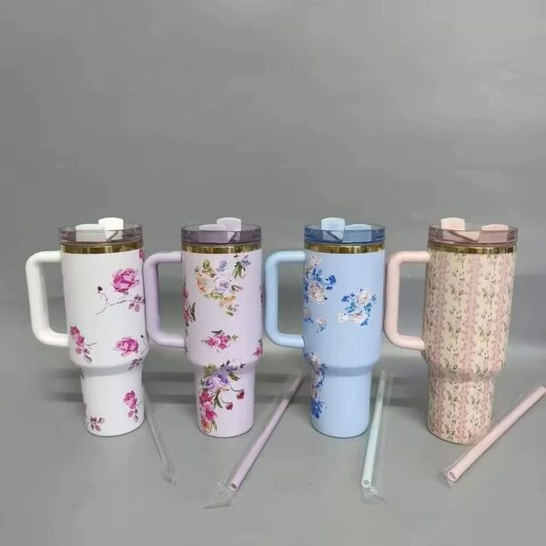 Stanley Style Flower Print Stainless Steel Tumbler – 1200ml with Straw & Handle – Premium Insulated Travel Mug with Printed Box - Image 3