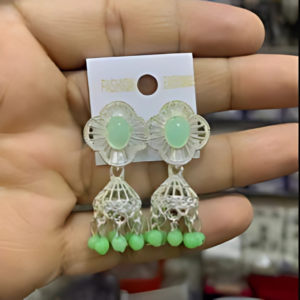 Silver-Plated Floral Jhumka Earrings with Light Green Stone and Bead Accents
