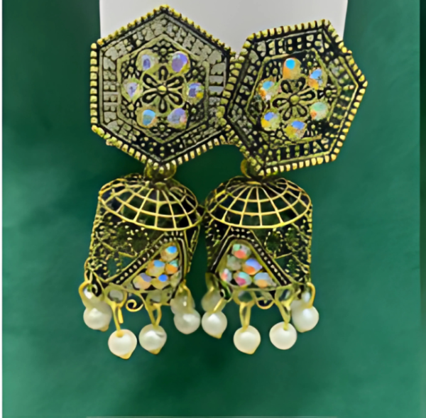 Antique Gold-Plated Hexagon Jhumka Earrings with Pearl Drops and Mirror Work
