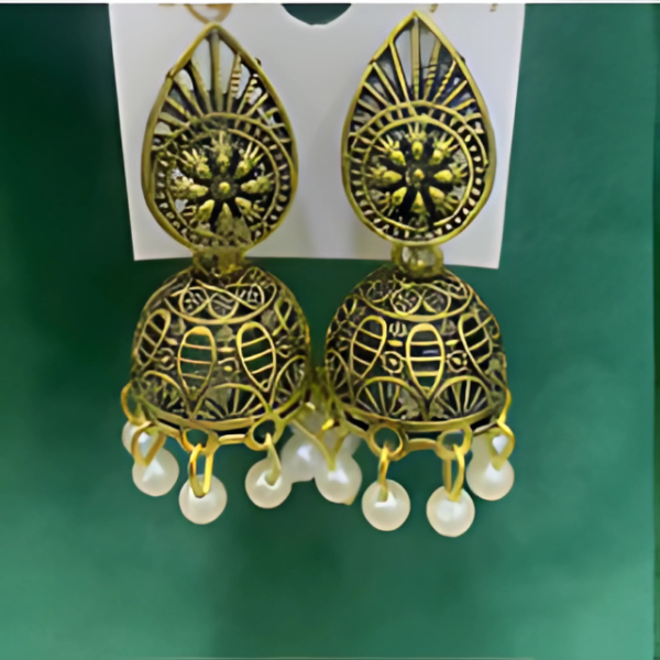 Traditional Antique Gold Jhumka Earrings with Pearl Drops