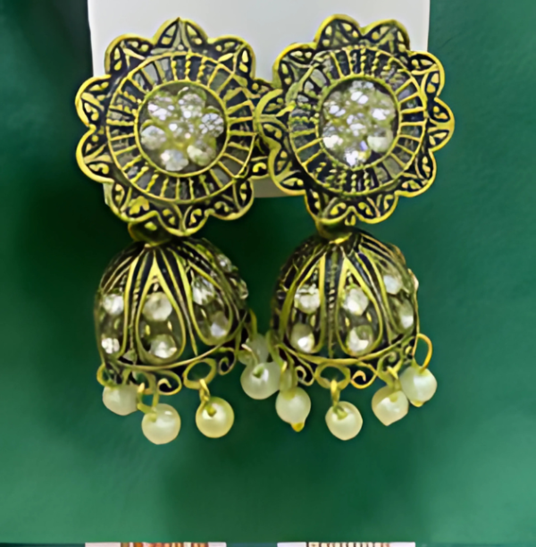 Antique Gold Jhumka Earrings with Kundan Stonework & Pearl Drops