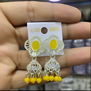 Handcrafted Silver-Toned Floral Dangle Earrings with Yellow Bead Drops