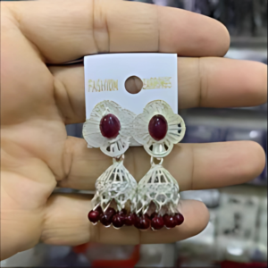 Handcrafted Silver-Toned Floral Dangle Earrings with Maroon Bead Drops